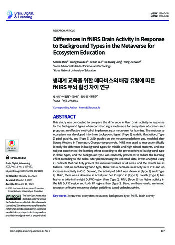 생태계 교육을 위한 메타버스의 배경 유형에 따른 fNIRS 두뇌 활성 차이 연구 이미지